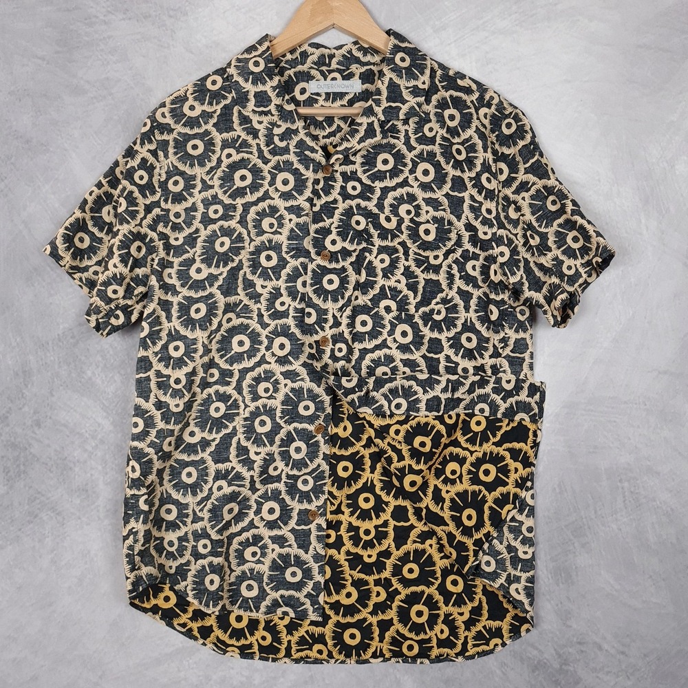 Outerknown Shirt Mens Medium Black Floral Hawaiian Organic Camp Collar BBQ